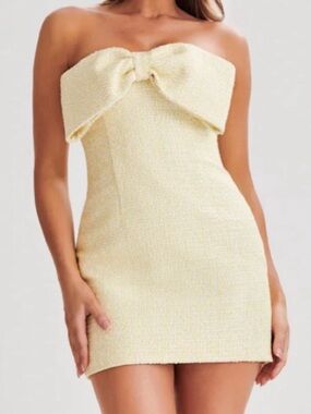 Meshki Strapless Bow-Front Mini Dress Soft Yellow tweed